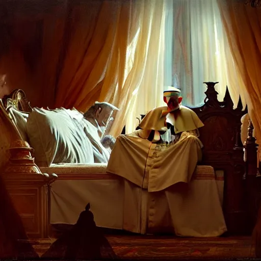 Prompt: the pope is in his bed, nervous and terrified, because a double horned shadow figure ghost from hell is attacking him. highly detailed painting by gaston bussiere, j. c. leyendecker, greg rutkowski, craig mullins 8 k