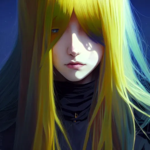 Image similar to attractive yellow eye color long blue - haired girl with bangs gothic anime character, fantasy, screenshot, anime, sharp focus, intricate, illustration, cell shaded, digital painting, highly detailed, concept art, matte, art by ilya kuvshinov and kyoto animation and wlop, and greg rutkowski, studio quality, james jean, artem demura