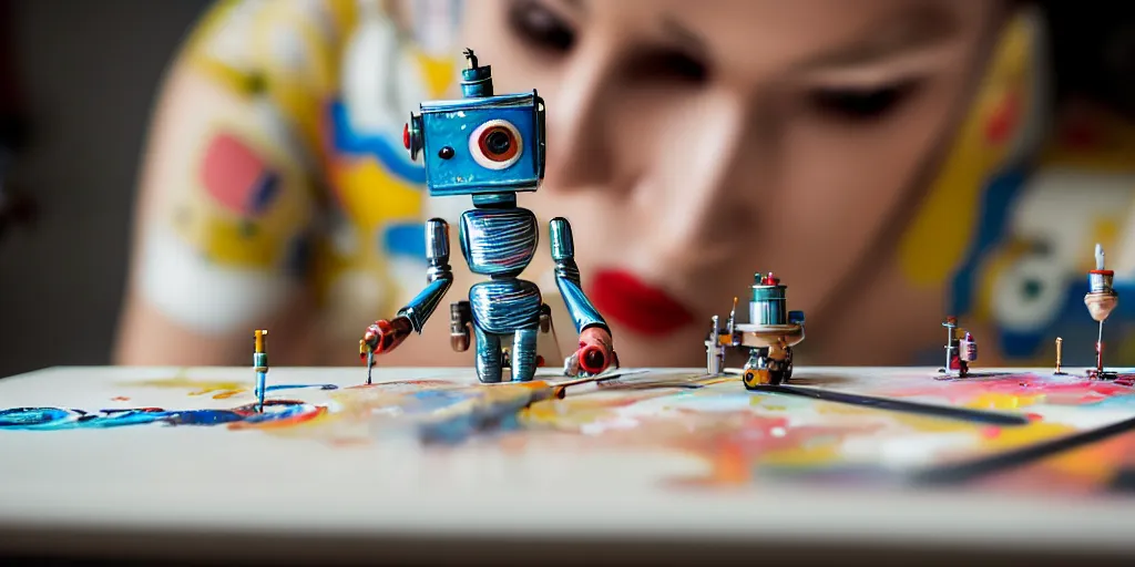 Image similar to closeup portrait of tin toy retro robot painter mixing gouache on white paper table in an artist workshop, depth of field, zeiss lens, detailed, centered, fashion photoshoot, by nicoletta ceccoli, mark ryden, lostfish, breathtaking, 8 k resolution, extremely detailed, beautiful, establishing shot, artistic, hyperrealistic, octane render