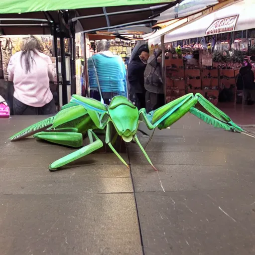 Prompt: Photorealistic human-sized Mantis religiosa shipping in medival street market