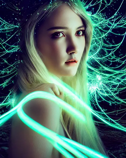 Prompt: luminescent long exposure light painting beauteous practical sumptuous full frame photo realistic face, lifelike incredible hair, crystalline masterpiece incrustations, hyperdetailed face, elegant pose, movie still, intricate, octane render, cinematic forest lighting,