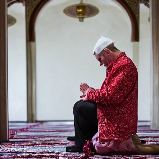 Image similar to Trump praying in mosque, award winning cinematic photography, 50 mm, blurred background, perfect faces