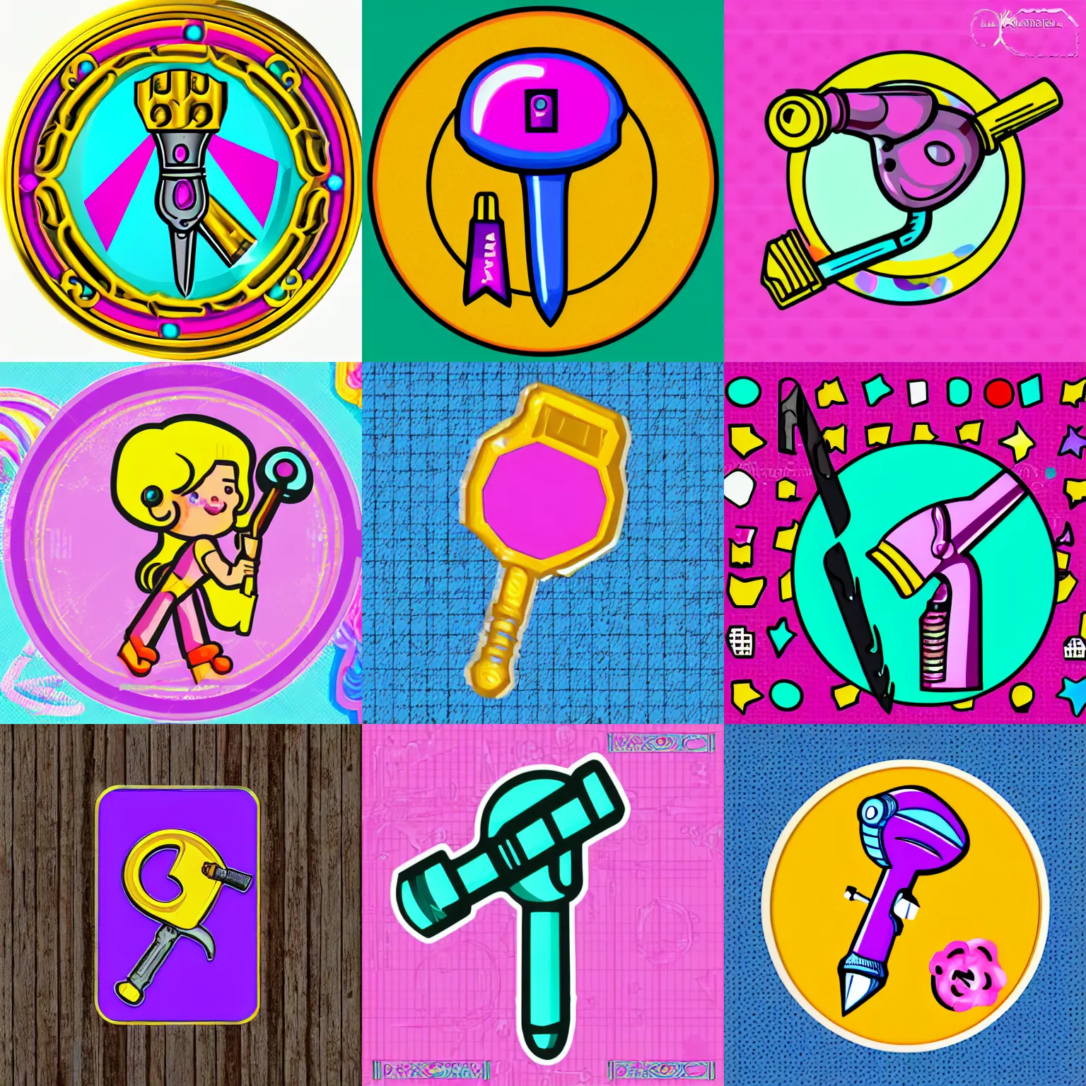 Prompt: 🔨 proletarian girly hammer tool icon designed by lisa frank, vector graphics forum badge, svg, transparent background, cute, metal, enamel, cloissonne, vintage, guilloche, gem stones, gilt, swarovski