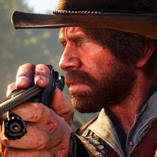 Image similar to chuck norris in red dead redemption 2, 4 k, high detail, high - resolution photograph, professional photography, ultra - detail