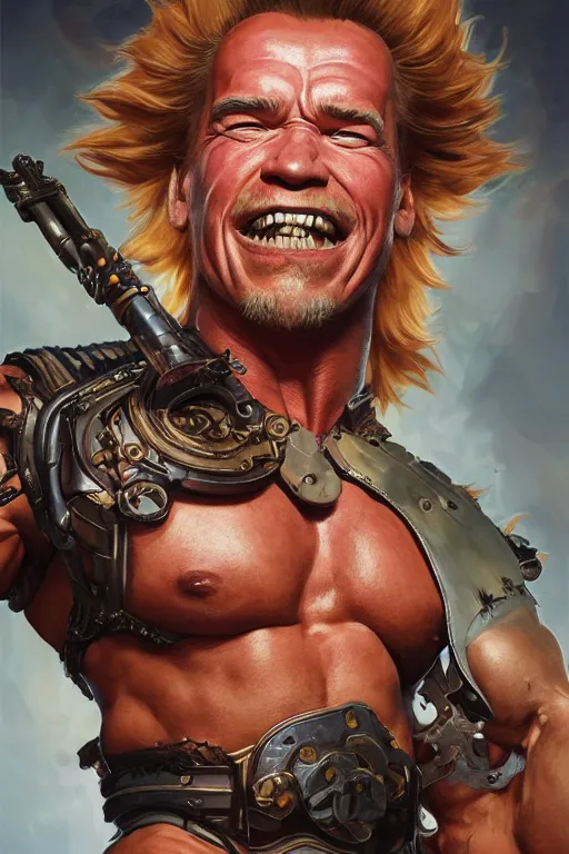 Image similar to portrait of arnold schwarzenegger as junkrat from overwatch, full body, fantasy, intricate, elegant, highly detailed, digital painting, artstation, concept art, sharp focus, illustration, art by artgerm and greg rutkowski and alphonse mucha