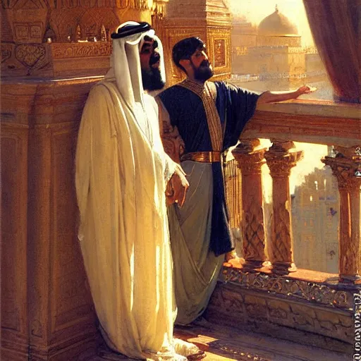 Image similar to attractive arab king confesses that is in love with his attractive male prince, in balcony of palace, above a river. highly detailed painting by gaston bussiere, craig mullins, j. c. leyendecker