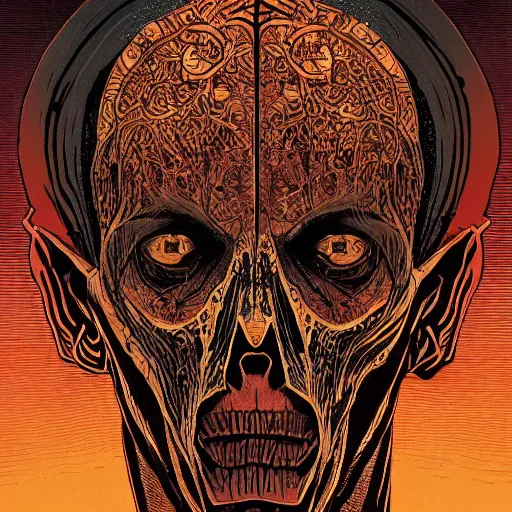 Prompt: vampiric human bloody head, highly detailed and intricate, golden ratio, dark gradient ink with intricate designs, hypermaximalist, elite, horror, creepy, ominous, haunting, majestic, ephemeral detailed art style by Olivier Ledroit and Mike Mignola and cgsociety, Victo Ngai and Artstation trending, art nouveau 8k