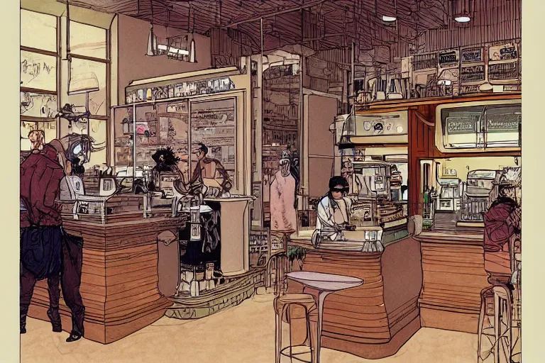 Image similar to coffee shop by moebius