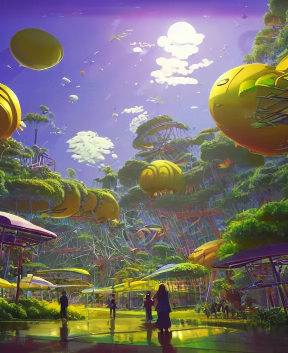 Prompt: simplicity, an amusement park made out of sleek fat asymmetrical organic creatures, in the style of an aerodynamic blobby spaceship, overgrown with orchids, partly cloudy, sun - drenched, dramatic lighting, by dan mumford, yusuke murata, makoto shinkai, ross tran, cinematic, unreal engine, cel shaded, featured on artstation, pixiv