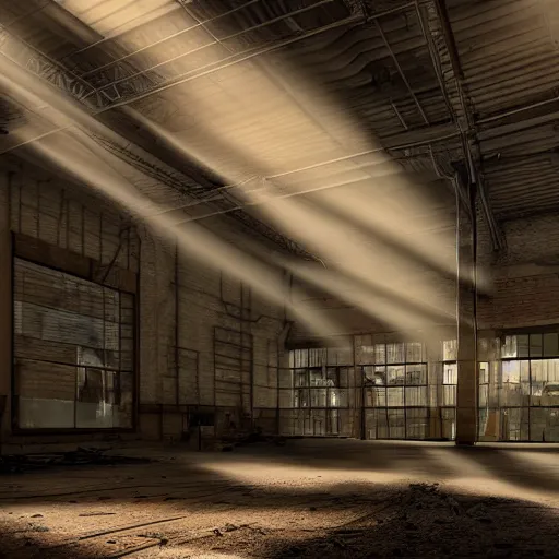 Image similar to abandoned industrial factory interior, volumetric light scattering, dustlight, god rays, dust, digital art, trending on artstation