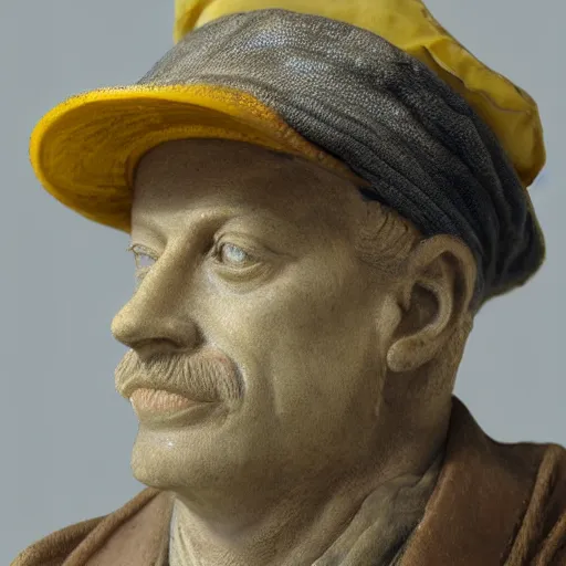 Image similar to hyper realistic closeup bust of a new england fisherman, wearing a yellow fisherman's hat, steve buscemi, painted, colorized, bossons vintage chalkware, by emile renouf