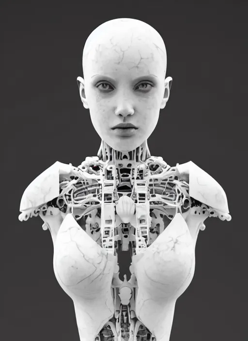 Image similar to a bloody statue made of white marble, of an gorgeous futuristic cybernetic angel girl, prostheses, transhumanism, full body shot, perfect symmetrical body, perfect symmetrical face, hyper realistic, hyper detailed, by johannen voss, by peter kemp, by monia merlo, by michelangelo, octane render, blender, 8 k