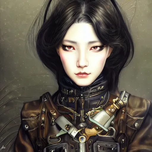 Image similar to portrait of a girl by ayami kojima, mixture between russian and japanese, she is about 2 0 years old, black bob hair, very tall and slender, she is wearing a steampunk tactical gear, highly detailed portrait, digital painting, artstation, concept art, smooth, sharp foccus ilustration, artstation hq