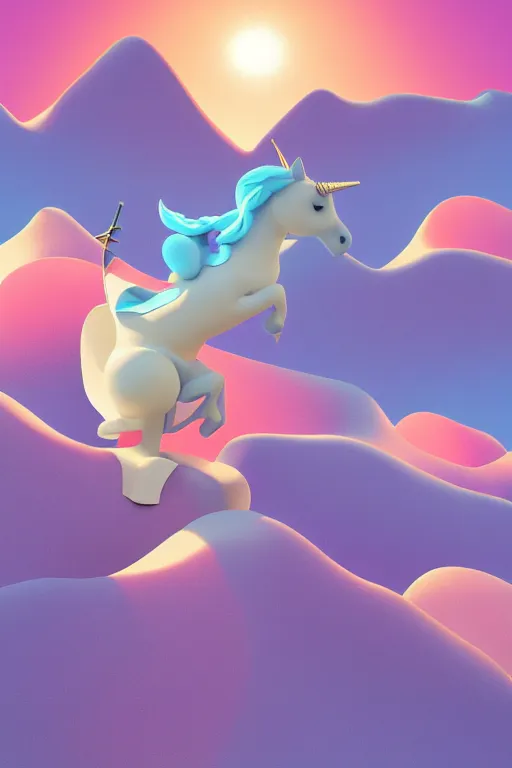 Image similar to geometric 3 d render, soft bright pastel, anthropomorphic egg riding unicorn in the middle, mountains surrounding, rule of thirds