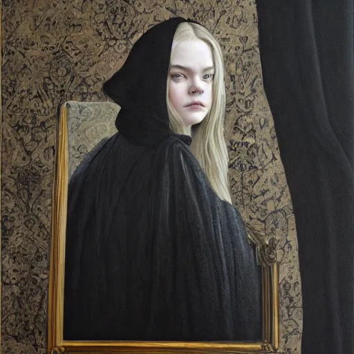 Image similar to Elle Fanning in a black coat, religious masterpiece portrait, oil on canvas, golden hour, in the world of Andrew Wyeth and Bloodborne, artstation, by Jean Giraud Moebius,