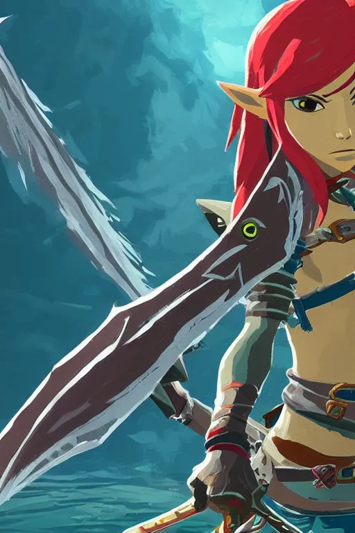 Image similar to an in game portrait of sidon from the legend of zelda breath of the wild, breath of the wild art style.