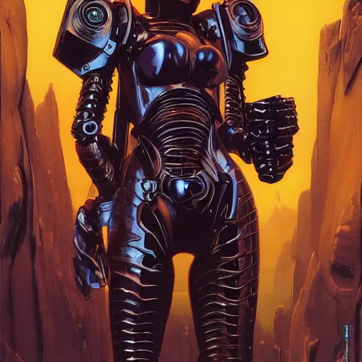 Image similar to a epic female cyberpunk powered armor, super complex and instruct, epic stunning atmosphere, hi - tech synthetic rna bioweapon nanotech demonic monster horror by syd mead, michael whelan, jean leon gerome, junji ito