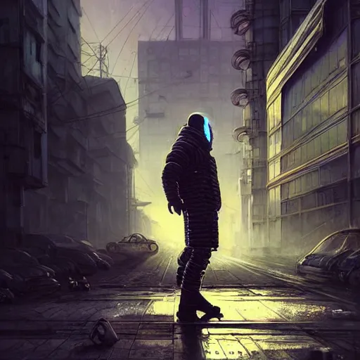 Prompt: A cyberpunk gopnik on the street of a Soviet city on the moon, Norilsk, sci-fi, fantasy, intricate, very very beautiful, elegant, highly detailed, digital painting, artstation, concept art, smooth, sharp focus, illustration, art by artgerm and greg rutkowski and alphonse mucha