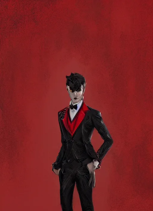 Image similar to a highly detailed illustration of short wavy haired man wearing masquerade and red and black suit, dramatic standing pose, intricate, elegant, highly detailed, centered, digital painting, artstation, concept art, smooth, sharp focus, league of legends concept art, wlop