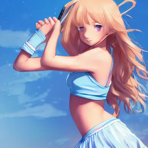 Image similar to a very beautiful young anime tennis girl, confident, full body, long wavy blond hair, sky blue eyes, full round face,, bikini, miniskirt, front view, mid - shot, highly detailed, cinematic wallpaper by stanley artgerm lau