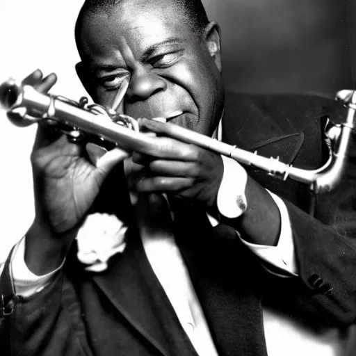 Image similar to 1 9 3 0 s photo of louis armstrong playing a flute, black and white photo