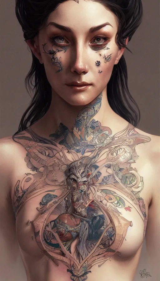 Image similar to tattooed lady, sweaty, insane, intricate, highly detailed, digital painting, artstation, concept art, smooth, sharp focus, illustration, Unreal Engine 5, 8K, art by artgerm and greg rutkowski and alphonse mucha