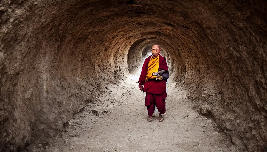 Prompt: a tibetan man in a flesh barque in a tiny tunnel of root, leica sl 2