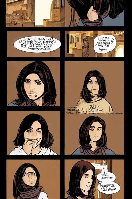 Prompt: short brown hair Arab Spanish shy beautiful young woman in a beige hoodie, Diwani calligrapher using bamboo pen, cinematic lighting, rule of thirds, comic by Dave Gibbons