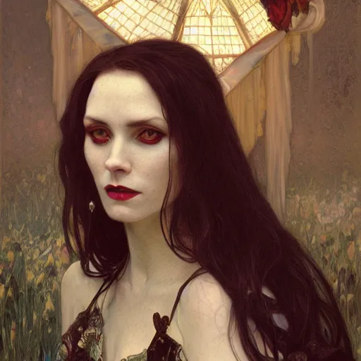 Image similar to portrait of a lady vampire, 35mm, victorian, depth of field, DOF, ominous, sharp, highly detailed, photorealistic, realistic, unreal 5, high definition, 8k, deviantart, donato giancola, irwin penn, Alphonse Mucha