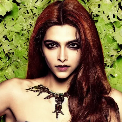 Prompt: A beautiful portrait of Deepika Padukone as Poison Ivy from Batman as a Versace fashion model Spring/Summer 2010, highly detailed, in the style of cinematic, Getty images, Milan fashion week backstage, Makeup by Pat McGrath, Hair by Guido Palau, Greg rutkowski