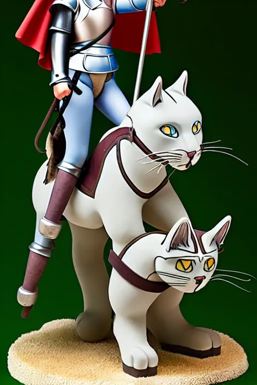 Image similar to female knight riding a weird giant cat, finely detailed features, by studio ghibli