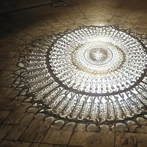 Prompt: light from above shines through and casts an ornate pattern on the floor below