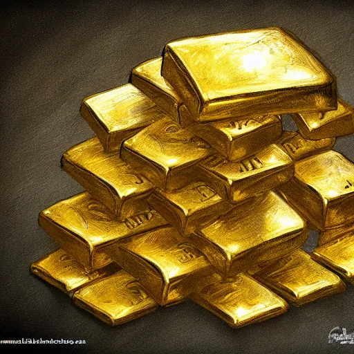 Prompt: a pile of golden ingots, fantasy art, trending on art station, highly detailed, hyper realism, art,