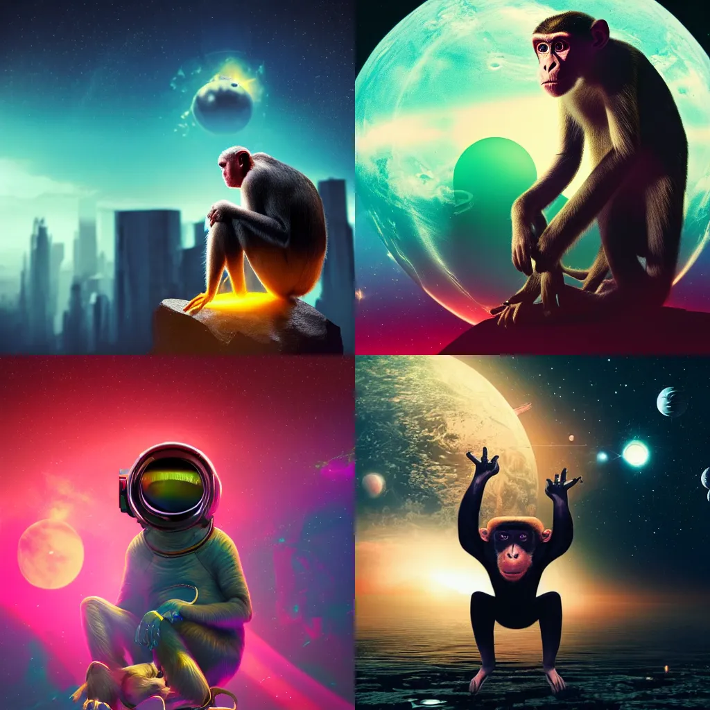 Prompt: beautiful astonishing award winning photo of a confused monkey floating in the middle of outer space, normal clothes, really cool pose, bright beautiful large planet in the background, bright aesthetic cool cyberpunk lighting, 8 k, trending on artstation