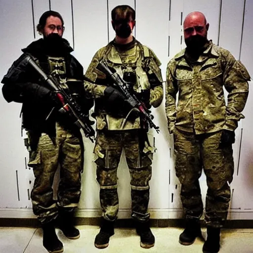 Prompt: “ seal team uniformed founding fathers, posing for an awarding winning photo of osama bin ladin, ultra realist, tactical gear, cyber punk ”