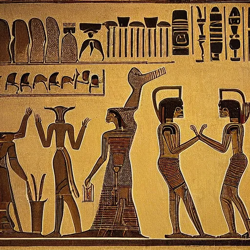 Image similar to aliens interacting with ancient egyptians, photorealistic, sharp focus