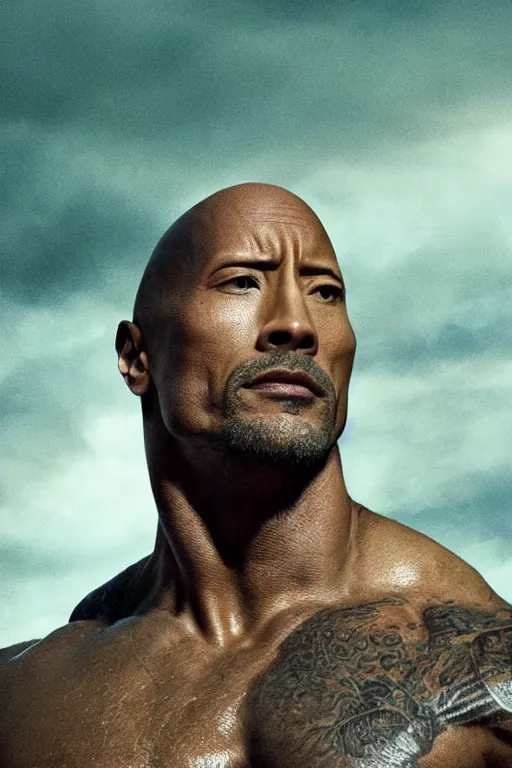 Image similar to An epic cinematic film still of Dwayne Johnson in a movie directed by Denis Villeneuve.