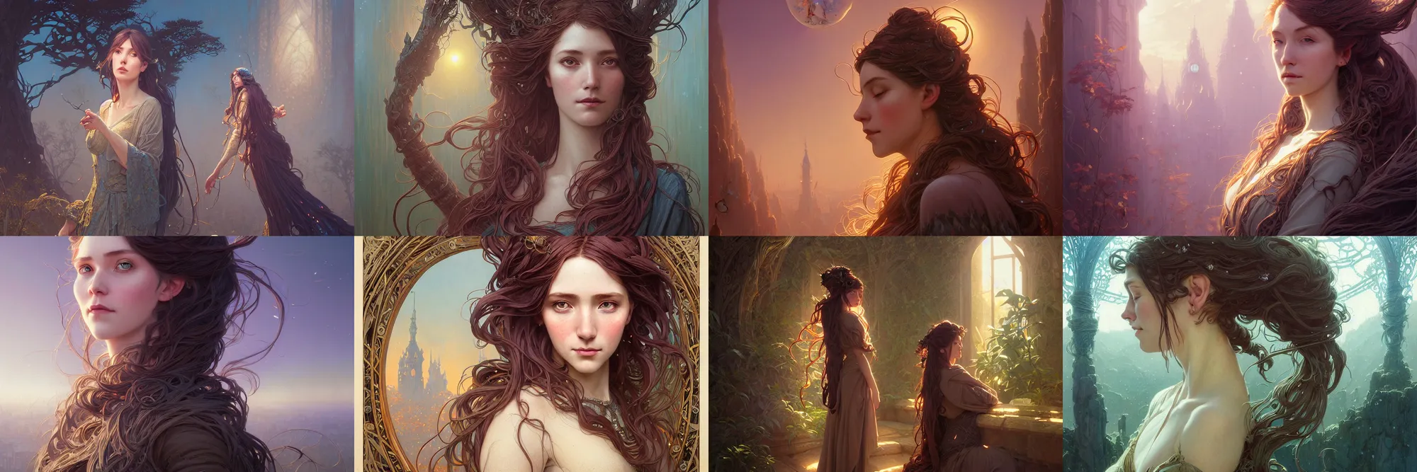 Image similar to highly detailed portrait of a woman with long hairs, stephen bliss, unreal engine, fantasy art by greg rutkowski, art nouveau, loish, rhads, ferdinand knab, makoto shinkai and lois van baarle, ilya kuvshinov, rossdraws, tom bagshaw, alphonse mucha, global illumination, radiant light, detailed and intricate environment