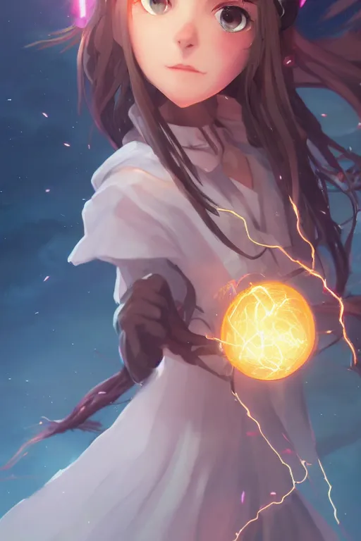 Prompt: a cute wizard girl conjuring a lightening ball, character art portrait, anime key visual, official media, illustrated by wlop, extremely detailed, 8 k, trending on artstation, cinematic lighting, beautiful,