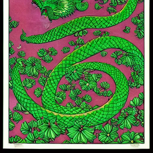 Image similar to green dragon surrounded by tessellation of roses, by mc escher