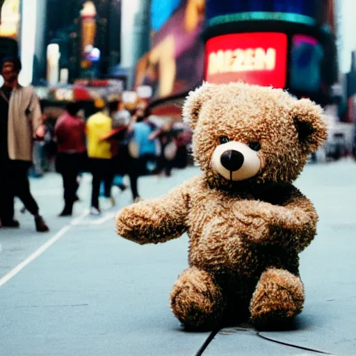 Prompt: photo teddy bear on skateboard in times square, cinestill, 800t, 35mm, full-HD