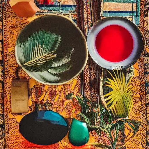 Image similar to An offset photography of a composition of five object on display, colors, (anthropology of wonder), ((((exotic artifacts)))), bauhause, tropicalism, (colonial expedition), three colors, exhibition print, 60s style