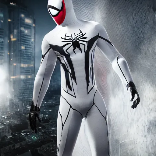 Image similar to white spider - man suit with black web lining, cinematic, volumetric lighting, realistic, hyperdetailed, photorealistic, photograph