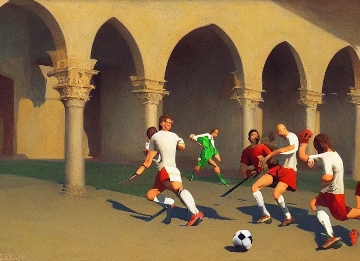 Prompt: aslouchy medieval knights playing soccer, rome, highly detailed, soft lighting, elegant, by edward hopper and james gilleard, zdzislaw beksinski, steven outram, highly detailed