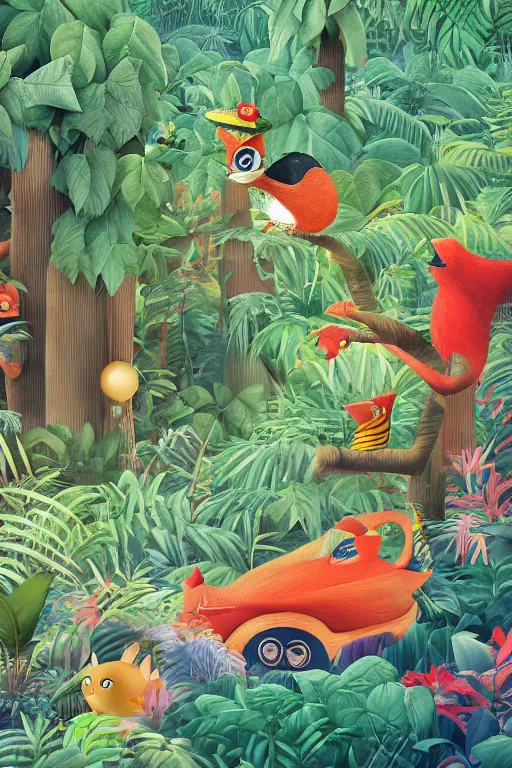 Prompt: rare bird in the jungle, hyper detailed, unreal engine render concept art, glitch, error, style of henri rousseau and richard scarry and hiroshi yoshida