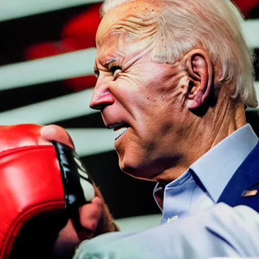 Image similar to joe biden getting knocked out in the ufc octagon, black eye on left side, detailed facial expressions, 1 9 8 0 s aesthetic