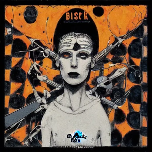 Image similar to post - punk album cover, black, white, orange, psychedelic, new age, magic, space, enki bilal