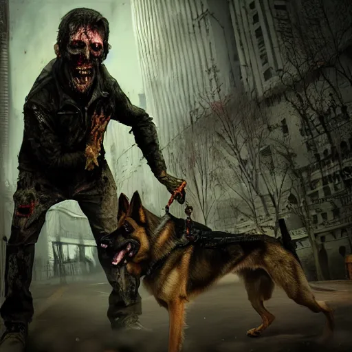 Image similar to dogwalker with german shepherd as angry zombie in a city park, full body portrait, horror core, apocalyptic, sharp focus, fiction, hyper detailed, digital art, trending in artstation, cinematic lighting, studio quality, smooth render, unreal engine 5 rendered, octane rendered, art style and nixeu and wlop and krenz cushart