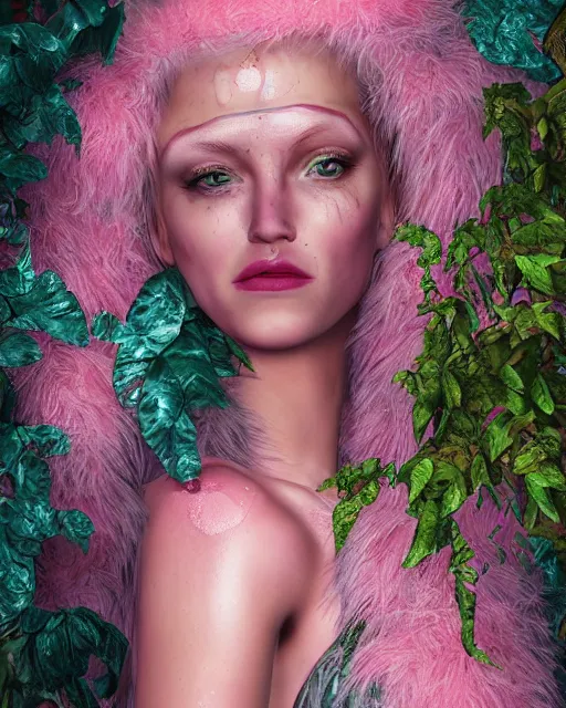 Prompt: portrait high definition photograph pretty woman fantasy character art, hyper realistic, pretty face, hyperrealism, iridescence water elemental, snake skin armor forest dryad, pink furry foliage, 8 k dop dof hdr fantasy character art, by aleski briclot and alexander'hollllow'fedosav and laura zalenga