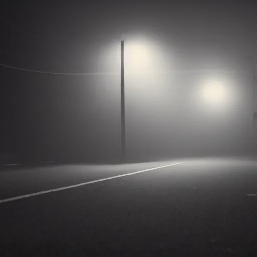 Image similar to A stunningly beautiful award-winning 8K high angle cinematic movie photograph of a foggy intersection in an abandoned 1950s small town at night, by Edward Hopper and David Fincher, cinematic lighting, perfect composition, moody low key volumetric light.